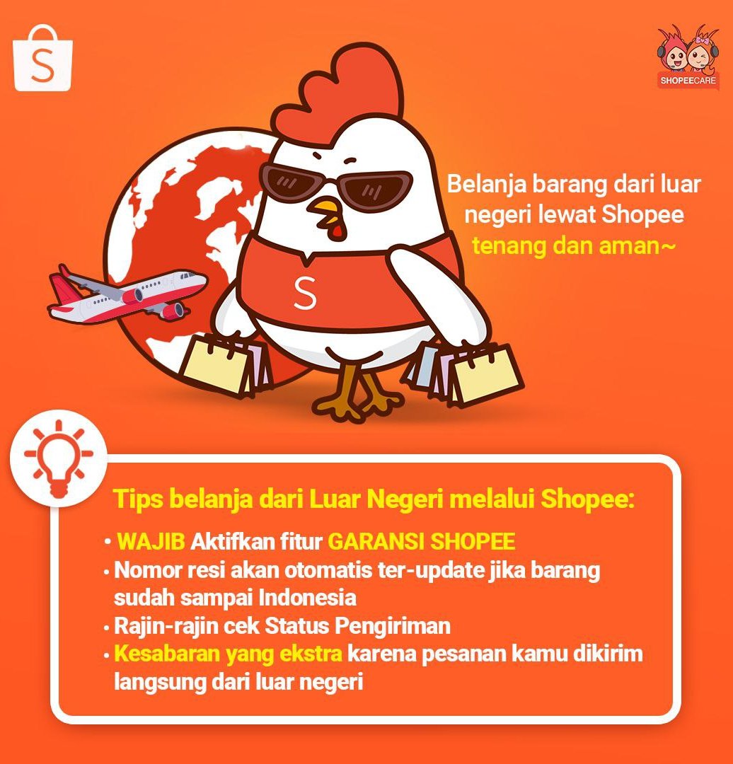 Chicken cartoon with sunglasses holding shopping bags with airplane and globe on orange background with text and icons about shopping from abroad with Shopee
